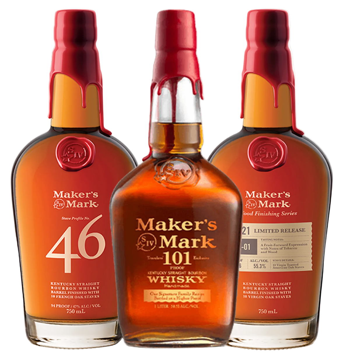 Maker's Mark 101, Maker's Mark 46 & Maker's Mark Wood Finishing Bourbon Whisky Bundle 750ml 3-Pack