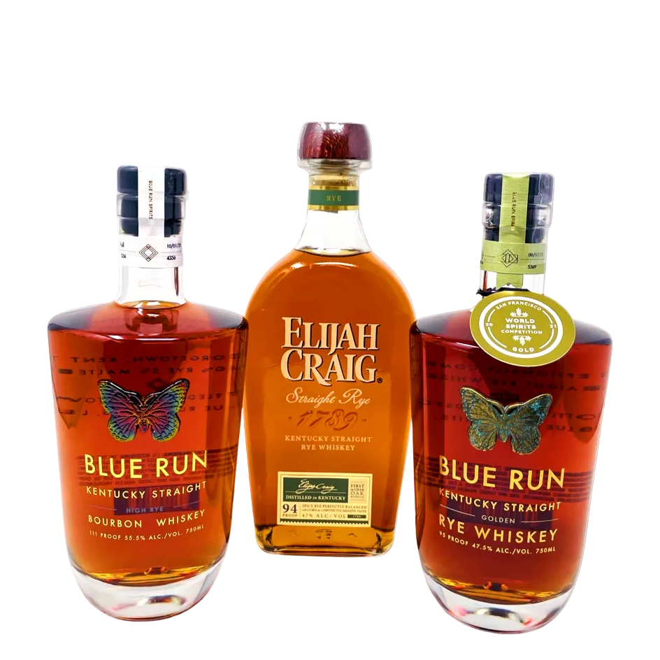 Blue Run High Rye Bourbon, Golden Rye & Elijah Craig Rye Whiskey Bundle 750ml 3-Pack