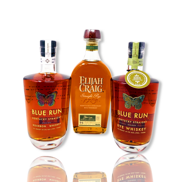 Blue Run High Rye Bourbon, Golden Rye & Elijah Craig Rye Whiskey Bundle 750ml 3-Pack
