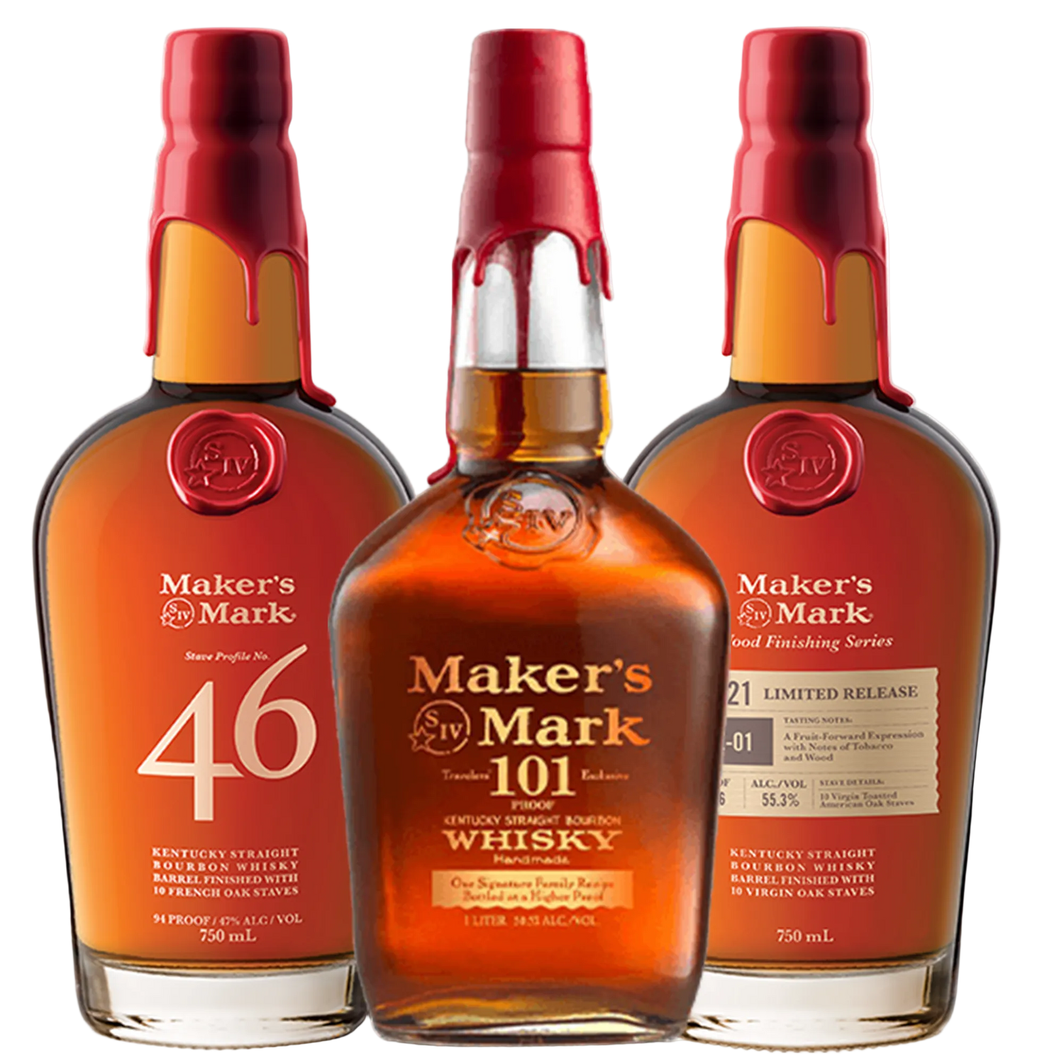Maker's Mark 101, Maker's Mark 46 & Maker's Mark Wood Finishing Bourbon Whisky Bundle 750ml 3-Pack