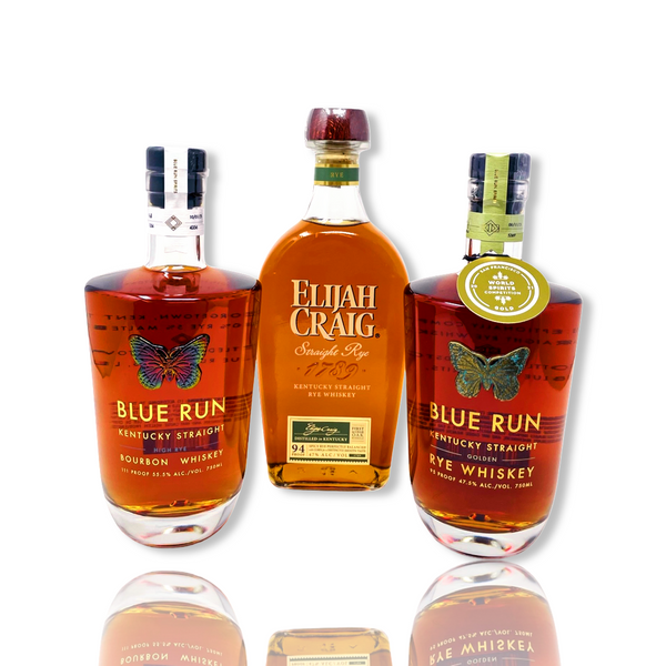 Blue Run High Rye Bourbon, Golden Rye & Elijah Craig Rye Whiskey Combo Bundle 750ml 3-Pack